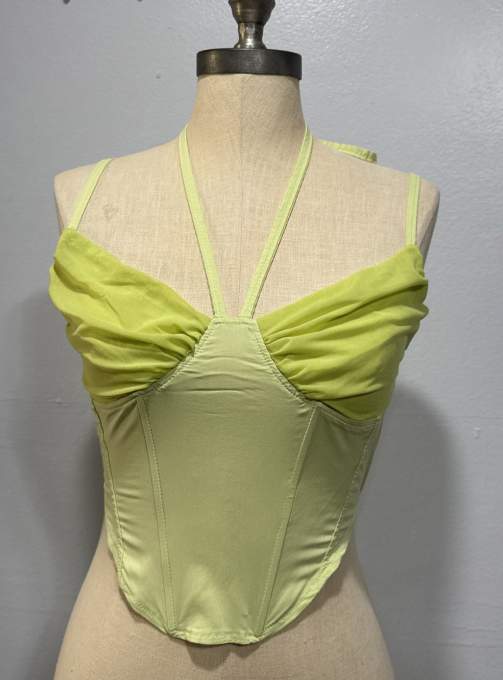 Women’s Cropped Tank Top Size S Boning Rushed Mesh Y2K Green Coquette Feminine